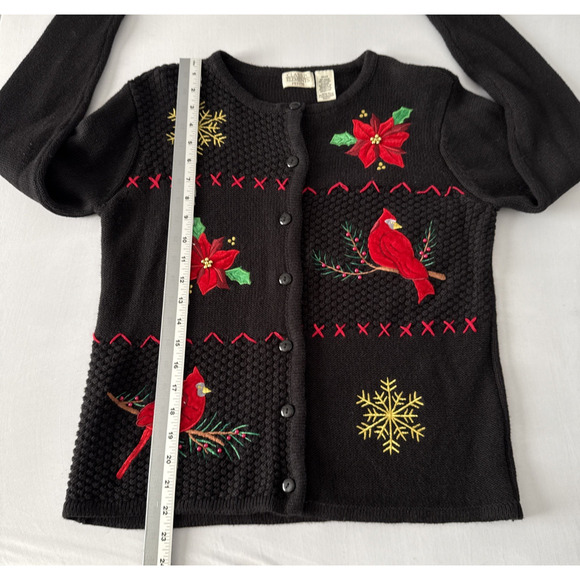 Womens Petite S Embroidered Red Cardinal Beaded Christmas Cardigan Sweater Retro - Picture 7 of 9